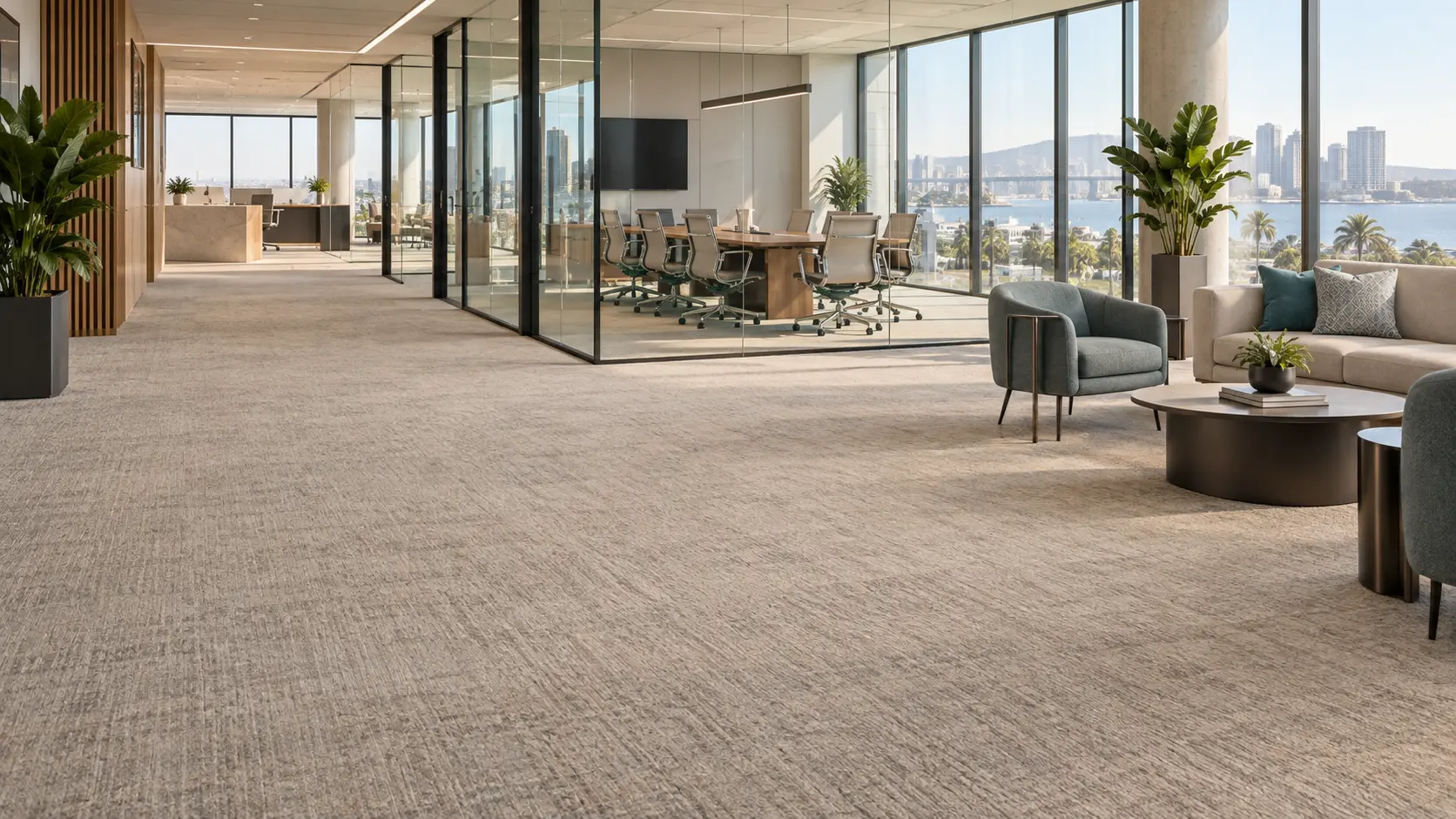 Modern commercial office with clean, professionally maintained carpet