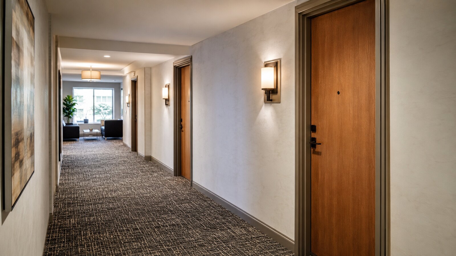 Carpeted hallway in an apartment building common area