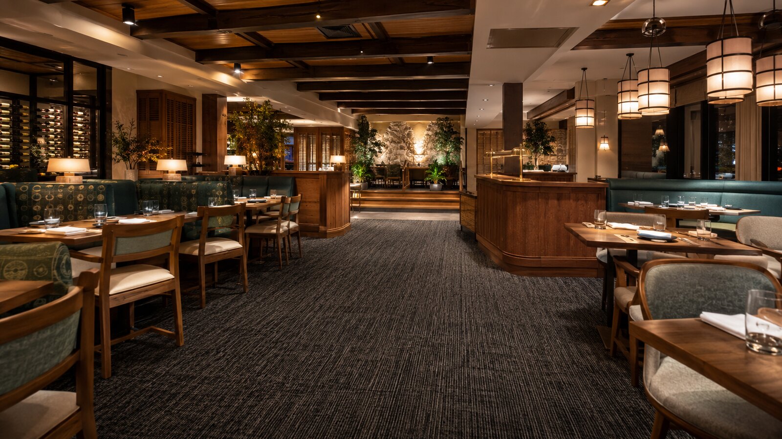 Restaurant dining area with carpeted flooring