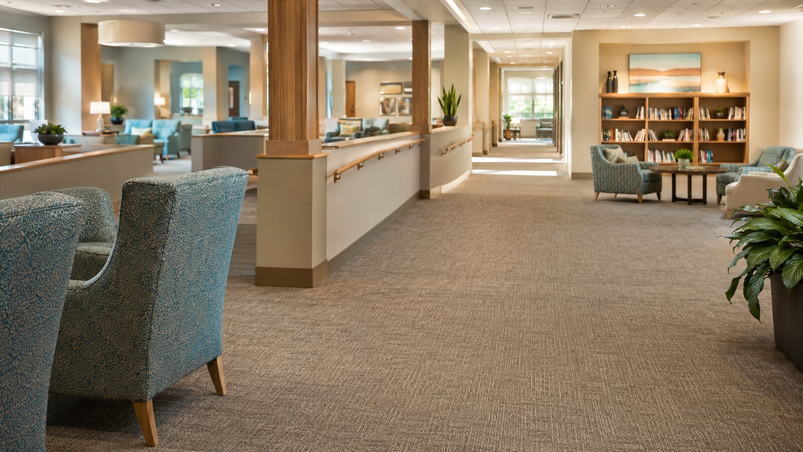 Carpeted common area in a senior living facility