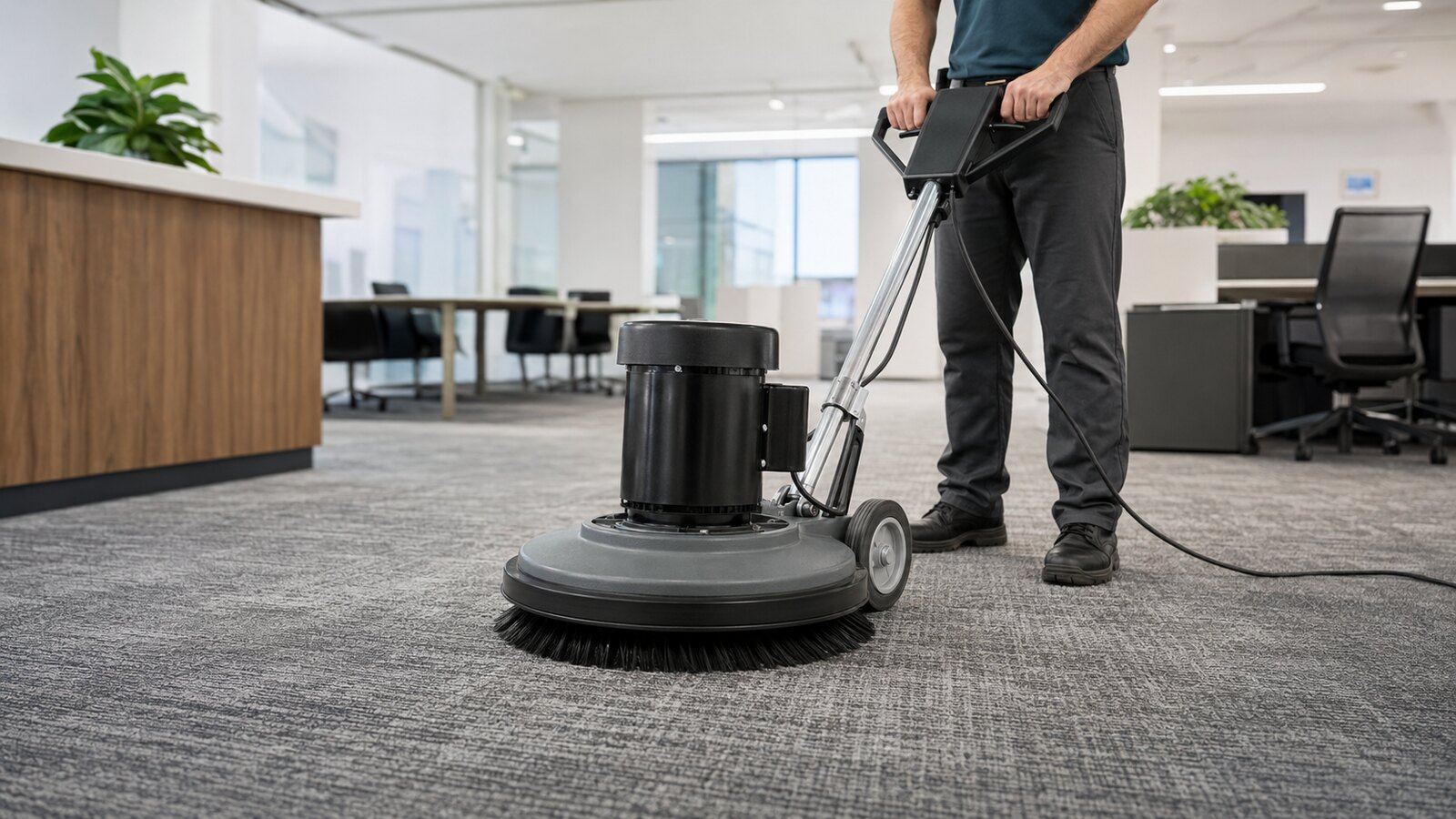 Wide shot of a commercial office lobby with carpet cleaning equipment staged near the entrance