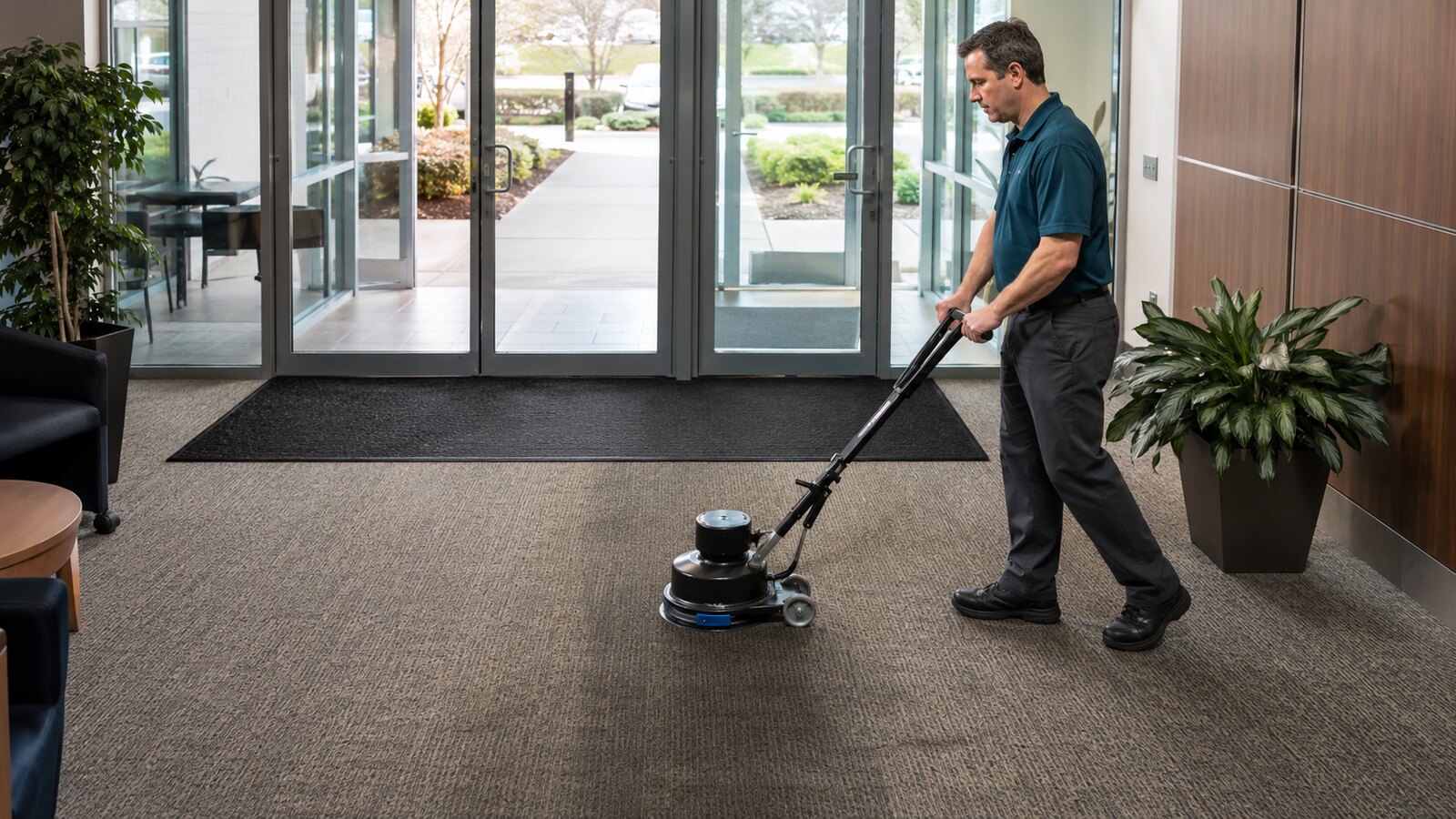 Technician treating a visibly worn high-traffic carpet lane near a building entrance