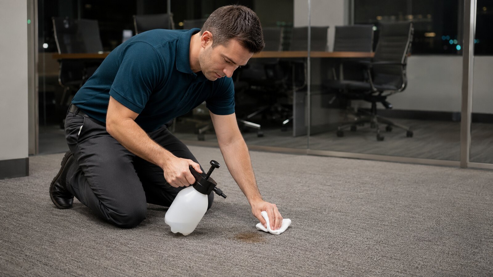 Technician applying spot treatment to an isolated stain on commercial carpet